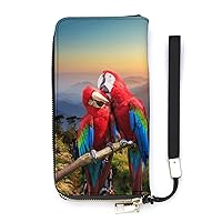 Red & Blue Macaw Parrots Novelty Wallet with Wrist Strap Long Cellphone Purse Large Capacity Handbag Wristlet Clutch Wallets