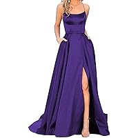 Women's Satin Prom Dresses Long Ball Gown with Slit Backless Spaghetti Straps Halter Formal Evening Party Dress (Dark Purple,16,US,Numeric,16,Regular,Regular)