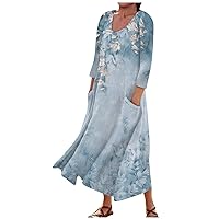 Long Sleeve Flowy Dress for Women Crew-Neck Oversized Printed Cute Pleated Spring Party Dress with Pocket