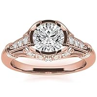 Art Deco Vintage Shank Bezel Setting Engagement Ring Full White Round Cut Halo Wedding Ring Moissanite Diamond in Solid 14K Rose Gold