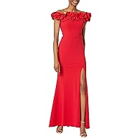 Xscape Women's Long Crepe Over-The-Shoulder Ruffle Gown