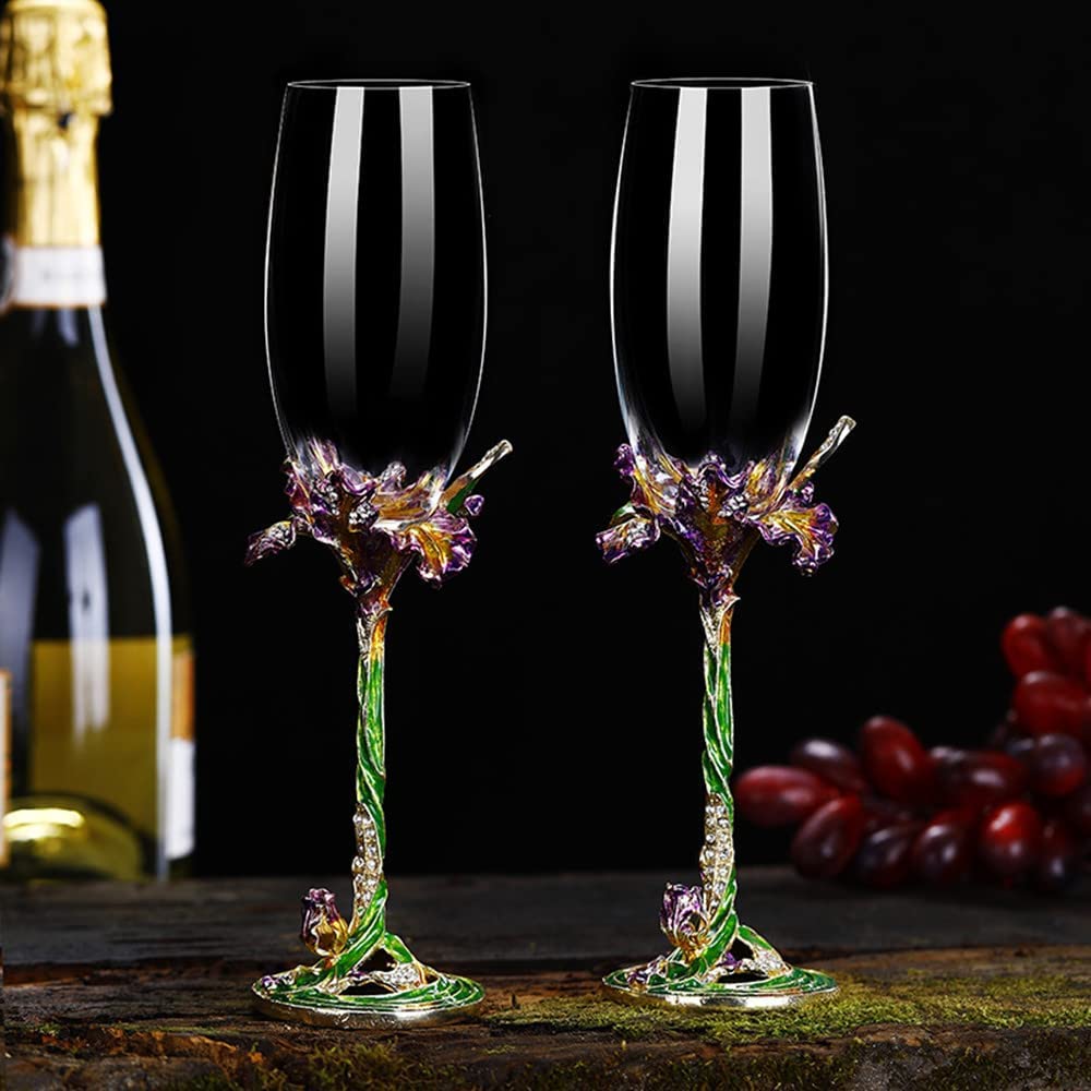 SUQ I OME Enamel Wine Glasses Champagne Flutes Glasses Set of 2, Decorative Enamel Champagne Glasses, Gifts for Brides and Grooms, Valentine, Anniversary, Birthday