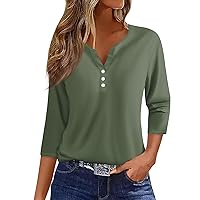 Womens 3/4 Sleeve Tops 2024 Summer Casual Button Up Blouses Three Quarter Sleeve Tops V Neck Print Pullover T Shirts
