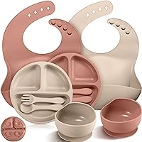 10 Pack Silicone Baby Feeding Set, Toddlers Led Weaning Feeding Supplies with Suction Baby Bowl Divided Plate Adjustable Bib Soft Silicone Spoon Fork, Infant Self Eating Utensil Set (Beige, Orange)