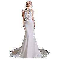 Women's Halter Lace Applique Sweep-Tarin Mermaid Wedding Dress White US10