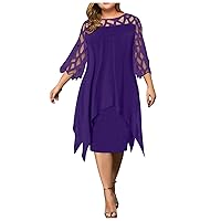 Club Dresses for Women Elegant Cocktail Dress Crewneck 3/4 Sleeve Mesh Lace Hollow Out Solid Color Chiffon Dress for Wedding Guest