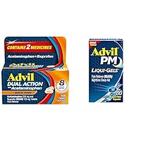 Advil Dual Action Back Pain Caplets 250mg Ibuprofen 500mg Acetaminophen 144-Count PM Ibuprofen Diphenhydramine 80 Liquid Filled Capsules Bundle