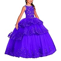 Girl's Jewel Neck Beaded Pageant Dresses Tulle Tiered Flower Girl Dresses Kids Formal Dress