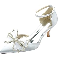 Womens Bow Heels Wedding Kitten Heeled Rhineston Bridal Shoes Dorsay Satin Sandal Prom Party Dress