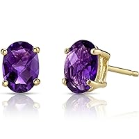 Peora Amethyst Earrings for Women in 14 Karat Yellow Gold, Classic Solitaire Studs, 7x5mm Oval Shape, 1.50 Carats total, Friction Back