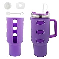 Silicone Boot Sleeve for 40oz Stanley Quencher Tumbler with Handle, Spill Proof Stoppers Set Compatible For Stanley H2.0 40oz & 30oz Tumbler,Stanley Tumbler Accessories(40oz, Purple)