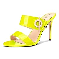 Castamere Womens Stiletto High Heel Open Round Toe Sandals Mules Shoes Slip-on Buckle Metal Chain Casual Dress Summer 3.9 Inches Heels