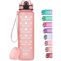 32oz Motivational Water Bottle with Time Marker & Fruit Strainer, Leak-proof BPA Free Non-Toxic 1l Bottle with Carrying Strap, Perfect for Fitness, Gym and Outdoor Sports (Rose Quartz)