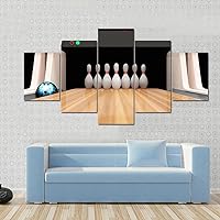 JWOW Canvas Prints With Your Photos 5 Pieces Pictures Bowling Pins On Wooden Lane 5 Piece Modern Posters Wall Pictures For Living Room Decor(No Frame)