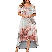 Plus Size Winter Boho Dress Womans Short Sleeve Prom Fit Print Cocktail Female V Neck Breathable Polyester Pink 4XL