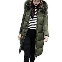 TUNUSKAT Winter Coat For Women Plus Size - Long Puffer Jacket Thicken Fur Trim Hooded Overcoat Knee Length Thermal Outwear