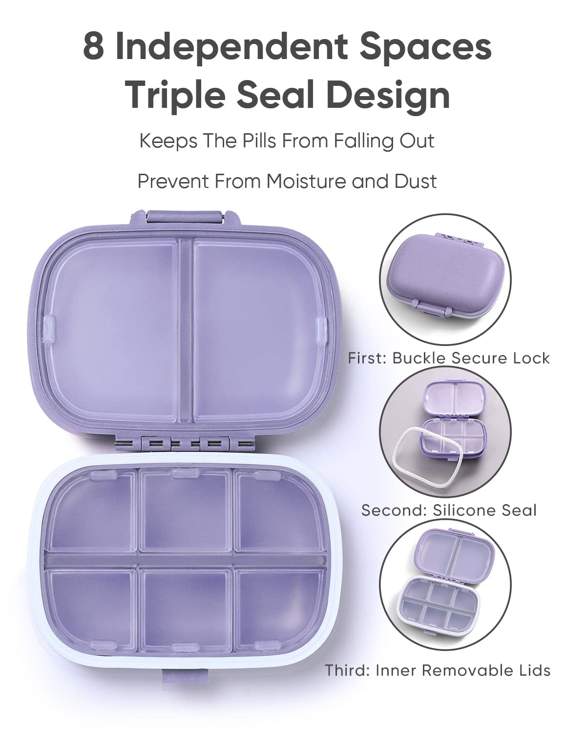 Daily Pill Organizer, 8 Compartments Portable Pill Case, Pill Box to Hold Vitamins, Cod Liver Oil（Purple）