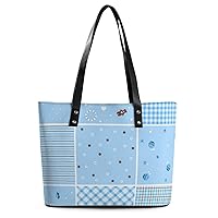 Womens Handbag Blue Plaid Leather Tote Bag Top Handle Satchel Bags For Lady