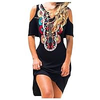 Women's Beach Short Sleeve Knee Length Print Swing V-Neck Trendy Glamorous Dress Flowy Casual Loose-Fitting Summer Black