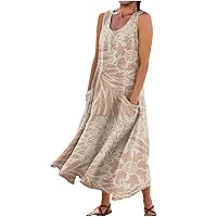 Maxi Dresses for Women 2024 Summer Casual Fashion Retro Printed Sleeveless Round Neck Pocket Dress