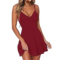 Women's Summer Dress Ladies Women's Long High Waist Tied Solid Color Round Neck Dress(Red,XX-Large)