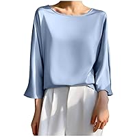 Summer Round Neck 3/4 Sleeve Tees for Women Loose Draping Silk Smooth Satin T-Shirt Work Tops Dressy Business Blouse
