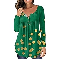 Womens St Patricks Day Tshirt Long Sleeve Button Up V Neck Shamrocks Graphic Going Out Tops