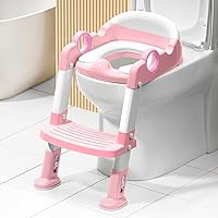 Potty Training Toilet Seat with Step Stool Ladder for Boys and Girls,Toddler Kid Children Toilet Training Seat Chair with Handles,Height Adjustable,Non-Slip Wide Step(Pink)
