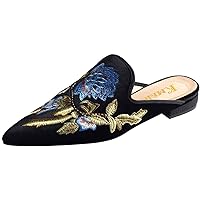 Loafers for Women, Womens Embroidery Mule Shoes Velvet Backless Slip On Loafers Pointed Toe Flat Mule Slides
