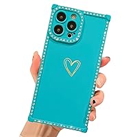 BANAILOA Compatible with iPhone 13 Pro Max Square Case Cute,Soft Silicon Case with Glitter Bling Rhienstones Camera Lens Protection Girly Women Phone Case Cover - 6.7 inch (Candy-Green)