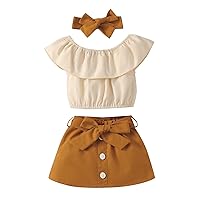 Girl Skirt and Top Child 3PCS Set Summer Casual Outfits with Hairband Kid Color Ruffle Fly Sleeve Tops and Skirts