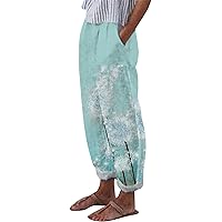 Rvidbe Linen Pants Women Plus Size, Women's Summer Daisy Print Capri Pants Soft Elastic Crop Trousers Pants with Pockets