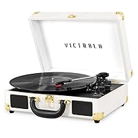 Vintage 3-Speed Bluetooth Portable Suitcase Record Player with Built-in Speakers | Upgraded Turntable Audio Sound|White, Model Number: VSC-550BT-WH