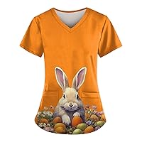 Short Sleeve Tshirt Ladies Tops Easter Printed Shirt Dressy Blouse V-Neck Pocket Fashion Protective Work Uniform Tee