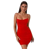 Dresses for Women Crisscross Backless Ruched Bodycon Dress (Color : Red, Size : X-Small)