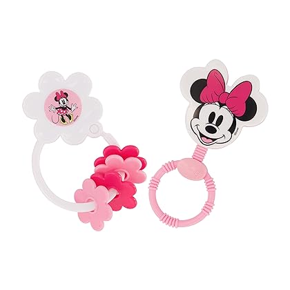 2 Pack Disney Minnie Mouse Character Shape Rattle and Keyring Teether, Premium Toddler Birthday Toys, Infant Teething Toys, Great for Newborn Shower Gifts