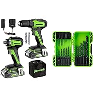 Greenworks 24V Brushless Drill/Driver + Impact Drive Combo Kit, Batteries and Charger Included, with 21-Piece Black Oxide Drilling Bit Set