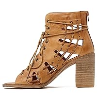 Women Gladiator Sandals Boots Open Peep Square Toe Lace Up Caged Sandal Booties Chunky Block High Heels Cutout Zipper Summer Booties for Ladies Office Party Dressy Vintage Comfort 4-11 M US