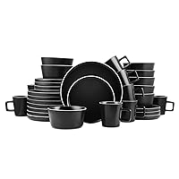Stone Lain Allison Stoneware Dish Set, 32-Piece Round Dishes for 8, Black and White
