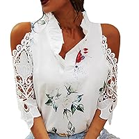 Women 3/4 Sleeve Lace Tops Cold Shoulder Ruffle Trim Stand Collar Fashion T-Shirts Summer Casual Slim Fit Floral Blouses