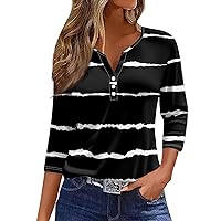 Summer Women's T Shirts Button V Neck 3/4 Sleeve Tops Henley Floral Striped Print Tees Tunic Blouses