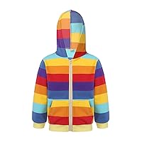 Youth Girls Cotton Jacket Long Sleeve Rainbow Stripe Hooded Zipper Cardigan Coat with Pocket Casual Outwear