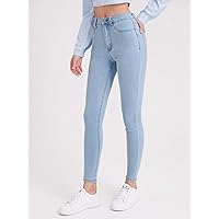 Jeans for Women High Waist Slant Pocket Skinny Jeans Jeans for Women (Color : Light Wash, Size : Medium)