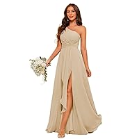 Chiffon One Shoulder Bridesmaid Dress with Pleated Bodice Long A Line Formal Dresses for Women AD004