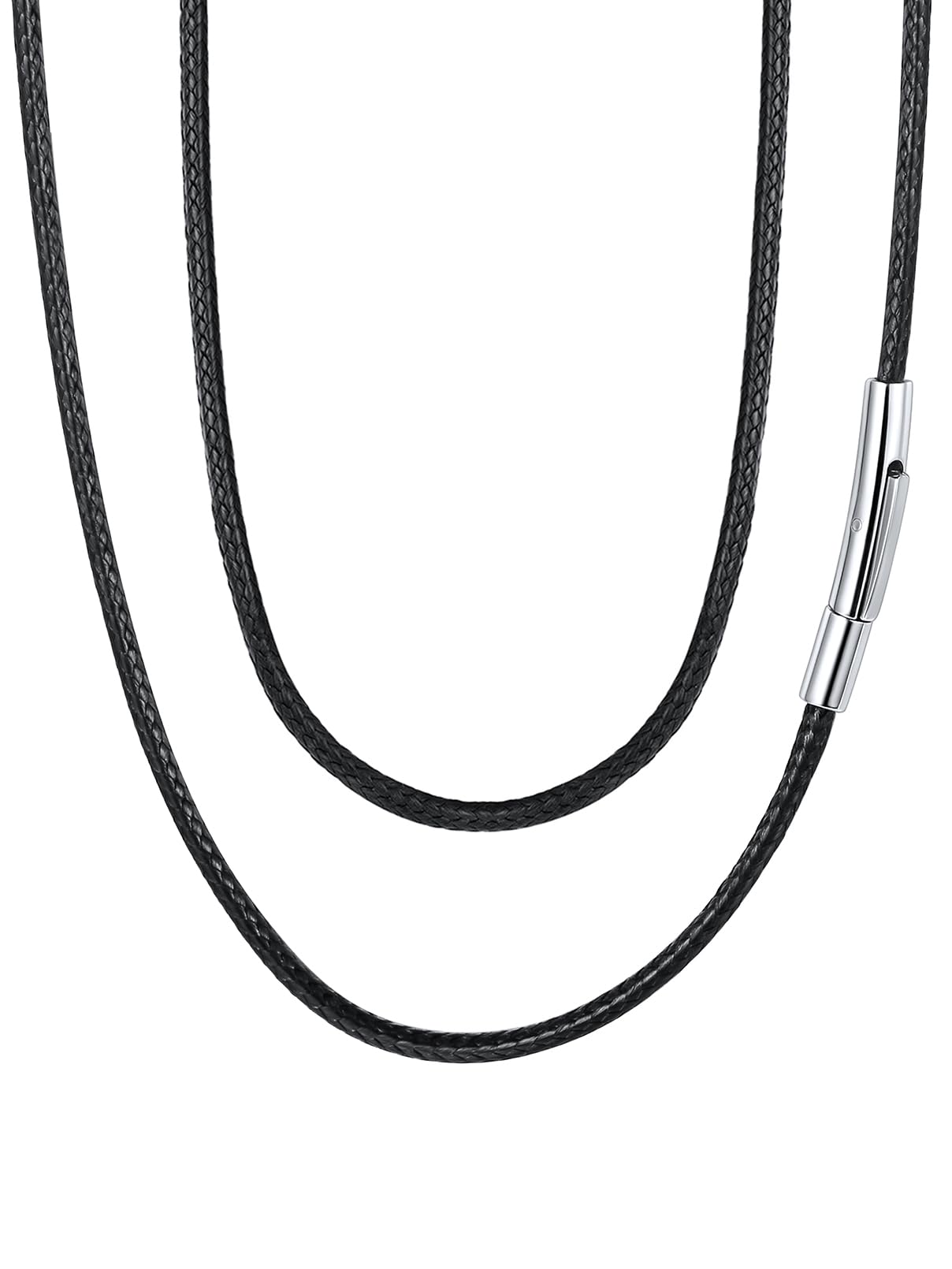 FaithHeart Braided Leather 2MM/3MM Necklace Cord for Men with Stainless Steel Snap Clasp, Waterproof Woven Wax Rope Chain for Pendant with Delicate Gift Box