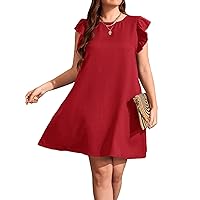 WDIRARA Women's Plus Size Ruffle Cap Sleeve Round Neck Dress Summer Tunic Dresses