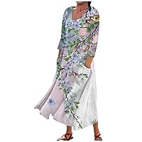 Dresses for Women 2024 Printed 3/4 Sleeve Dress with Pocket Casual Flowy Beach Dress Vacation Lightweight Dresses