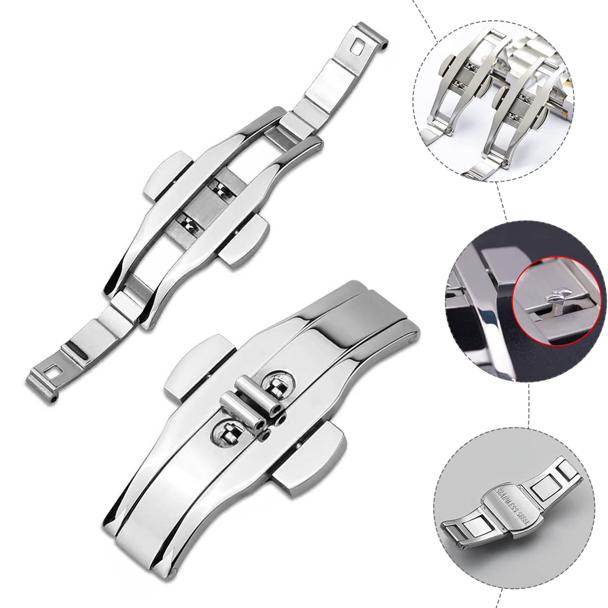 Nice Pies Stainless Steel Butterfly Deployment Clasp Push Button Folding Buckle Replacement for Steel Watch Strap/Ceramic Watchband