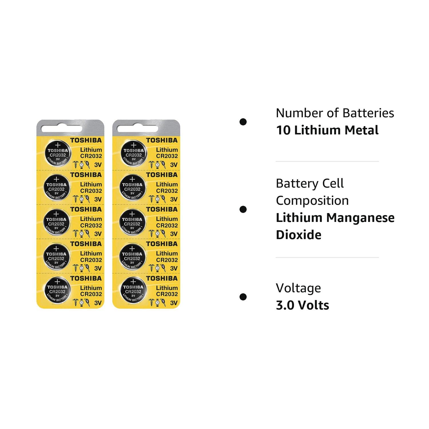 Toshiba CR2032 3 Volt Lithium Coin Battery (10 Batteries)