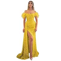 Mermaid Prom Dresses for Women 2023 Sparkly Sequin Formal Dress Off Shoulder Feather Evening Gown